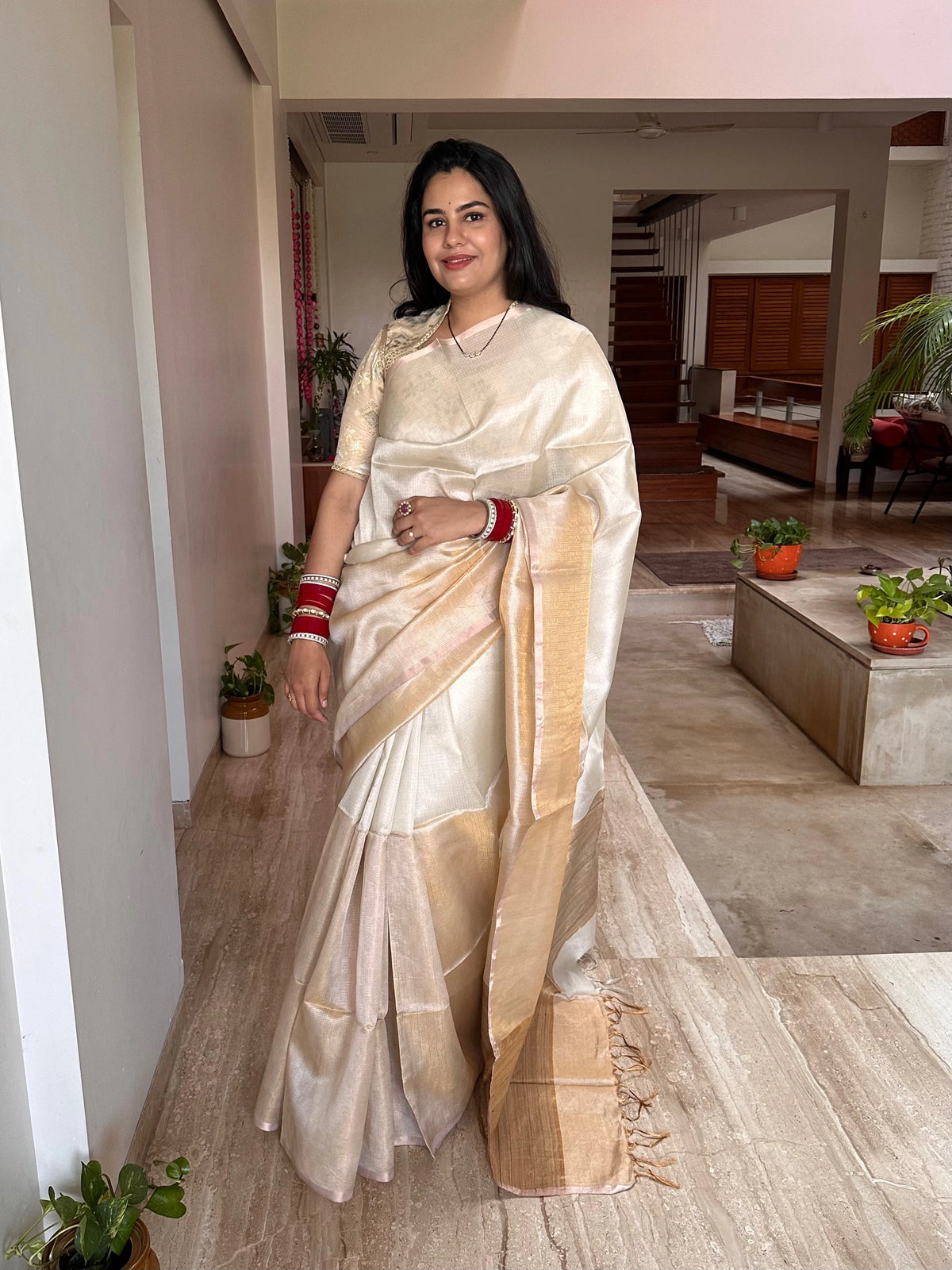 Off White-Golden Emboss Tissue Silk Saree