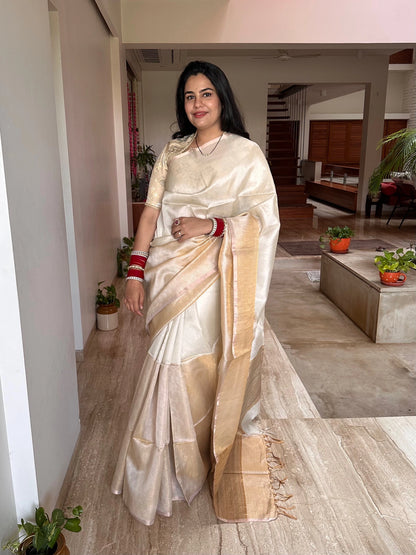 Off White-Golden Emboss Tissue Silk Saree