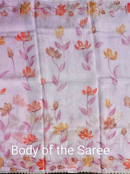 Mauve Floral Print Organza Saree