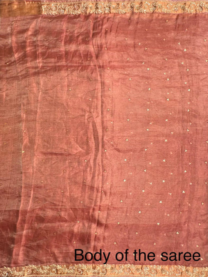 Dusky Pink- Silver Tissue Silk Saree with Hand Work