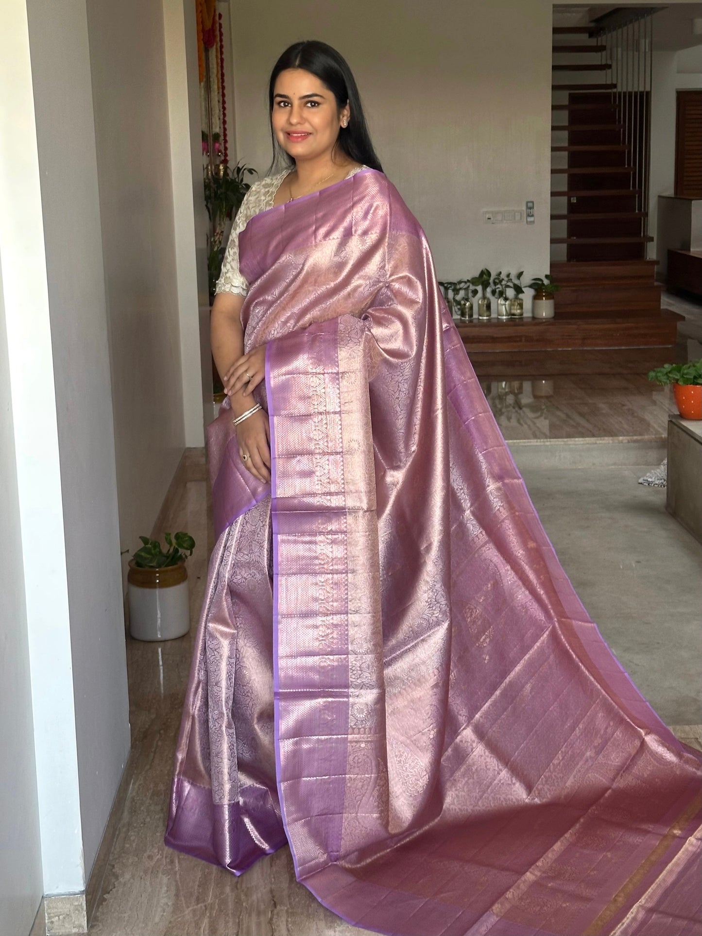 Lilac Handloom Jamawar Pure Tissue Silk Saree