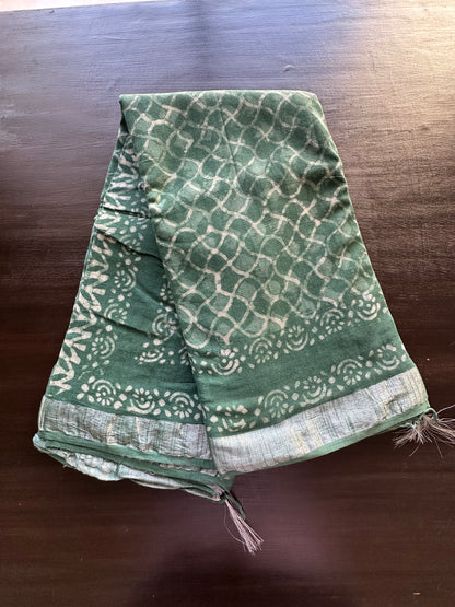 Pista Green Hand Block Printed Linen Saree