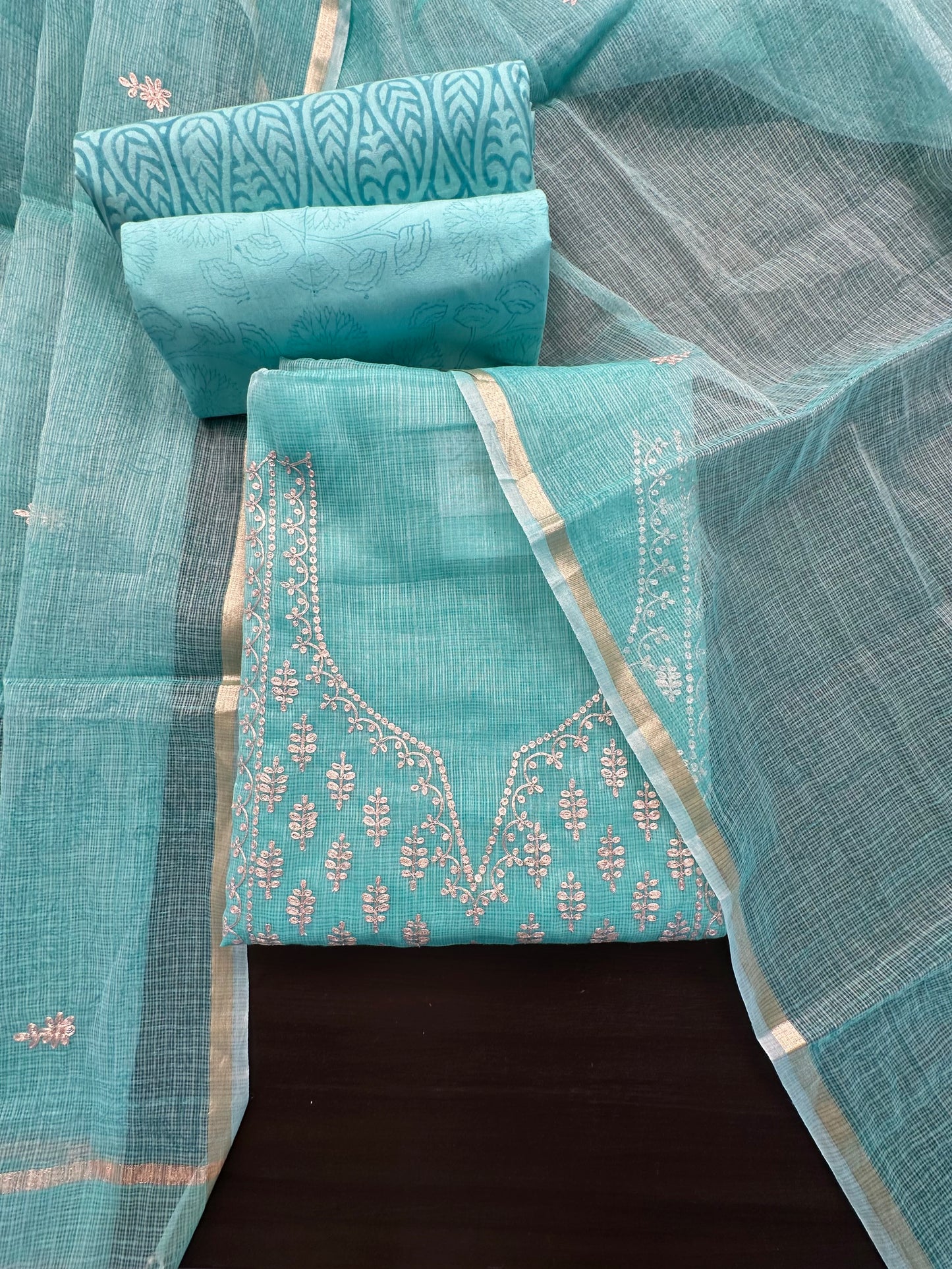 Sea Green 4-Piece Kota Doria Cotton Unstitched Suit