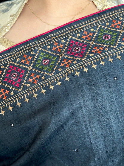 Black Pure Tussar Silk Saree With Embroidery