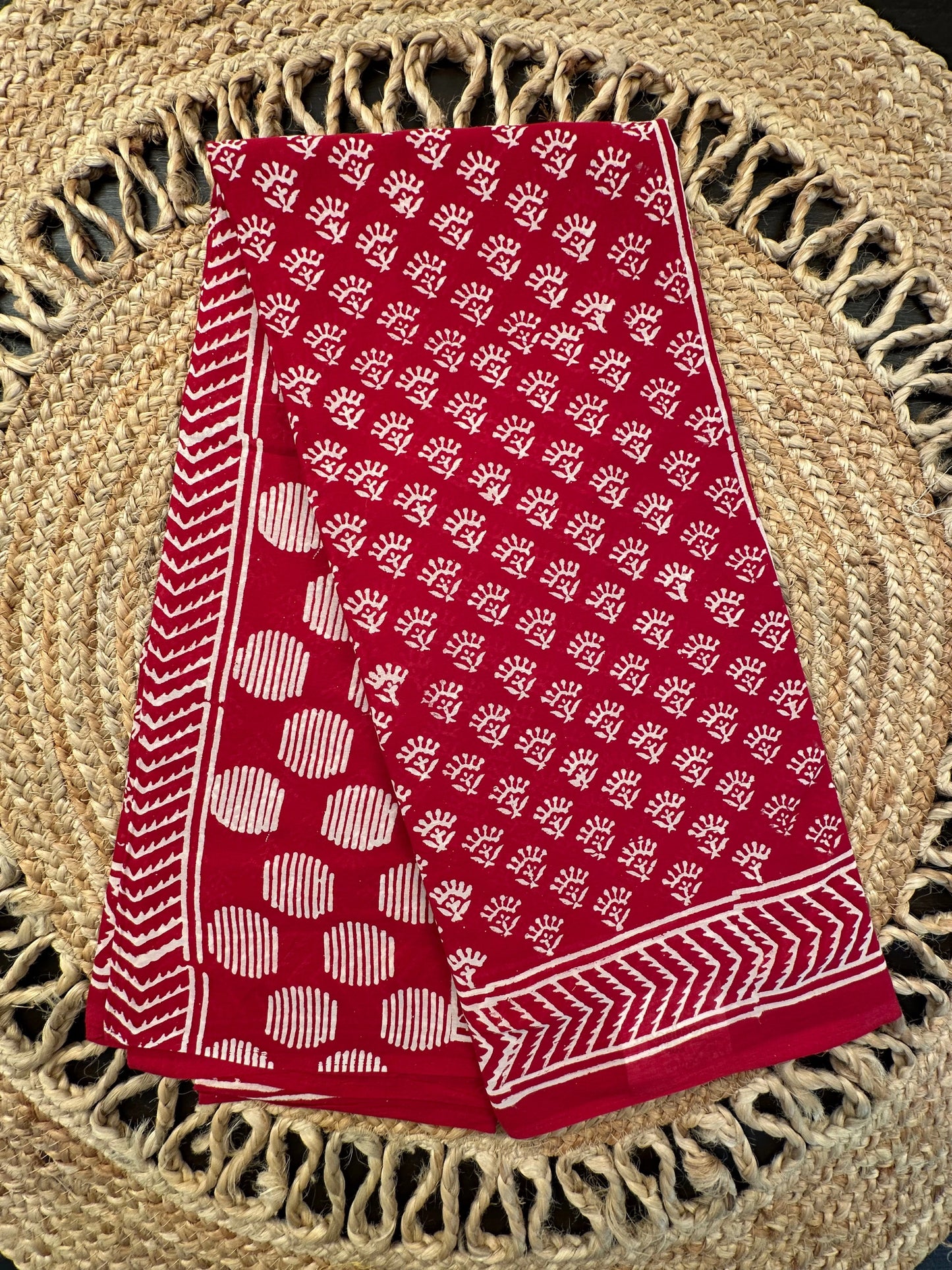 Red Bagru Hand Block Print Pure Cotton Saree