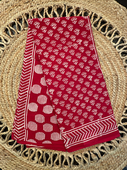 Red Bagru Hand Block Print Pure Cotton Saree