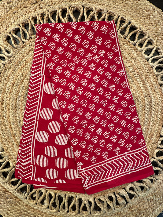 Red Bagru Hand Block Print Pure Cotton Saree