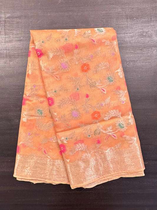 Peach Pure Kota Doria Silk Saree