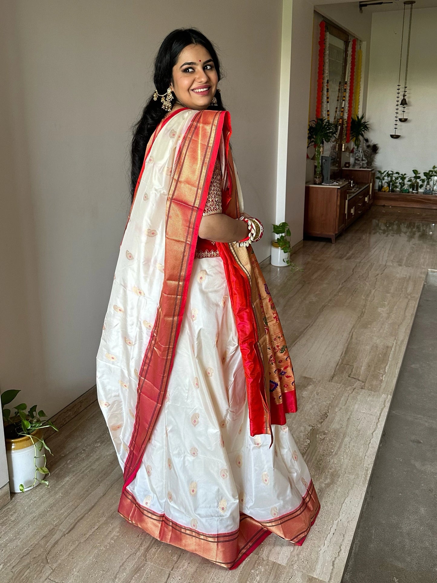 Off White-Red Paithini Silk Saree