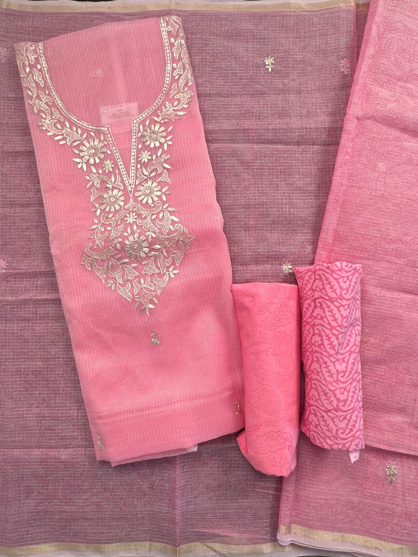 Pink 4-Piece Kota Doria Cotton Unstitched Suit