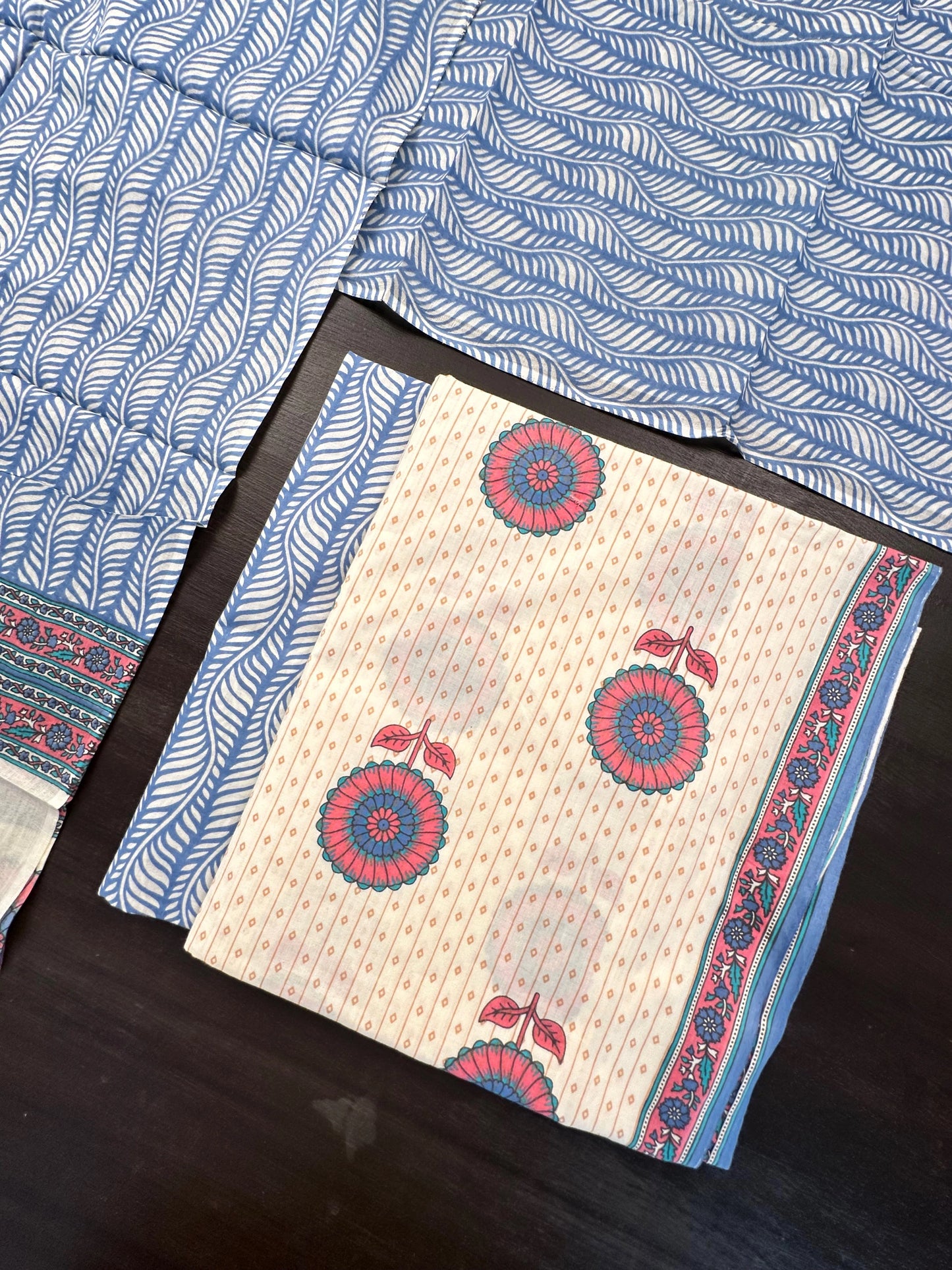 Cream-Blue Jaipuri Cotton 3-Piece Suit