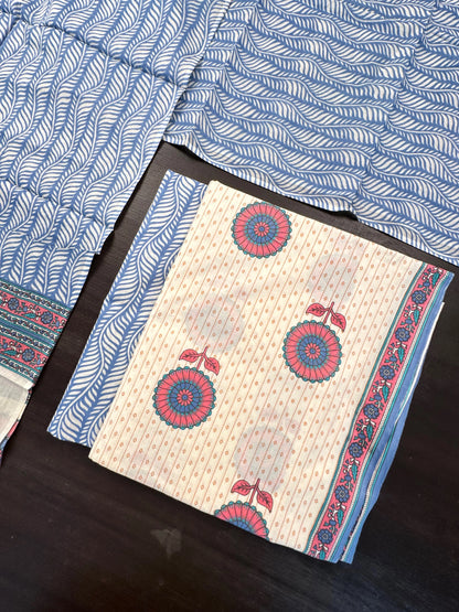 Cream-Blue Jaipuri Cotton 3-Piece Suit