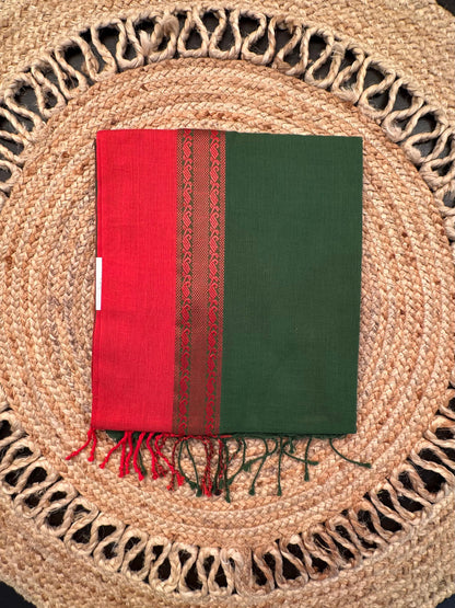 Green-Red Piku Bengal Cotton Saree
