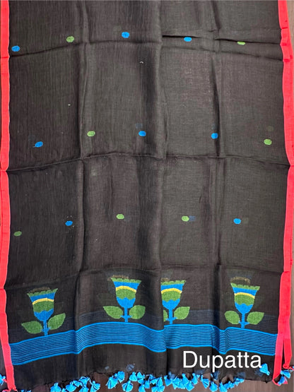 Black Linen Dhakai 2 Piece Kurta Dupatta Unstitched Set