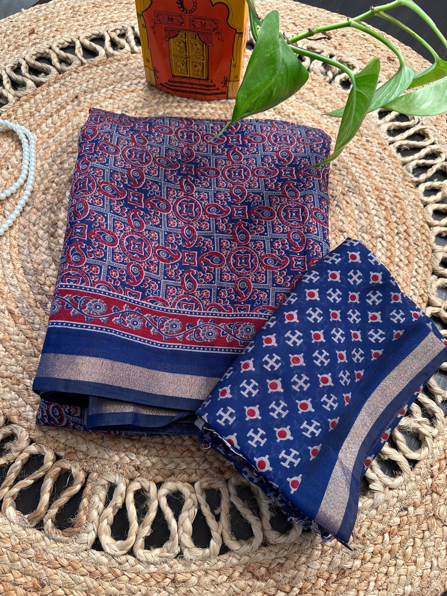 Navy Blue Ajrakh Print Cotton Blend Saree