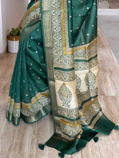 Bottle Green Muga Silk Saree