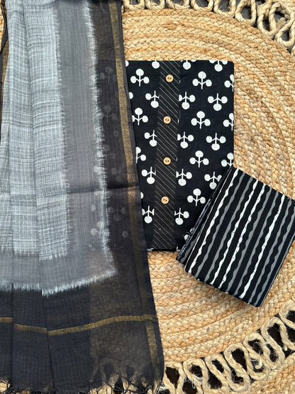 Black Jaipuri Cotton 3-Piece Suit
