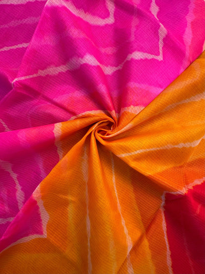 Pink-Rani-Yellow Leheriya Kota Doria Pure Silk Saree