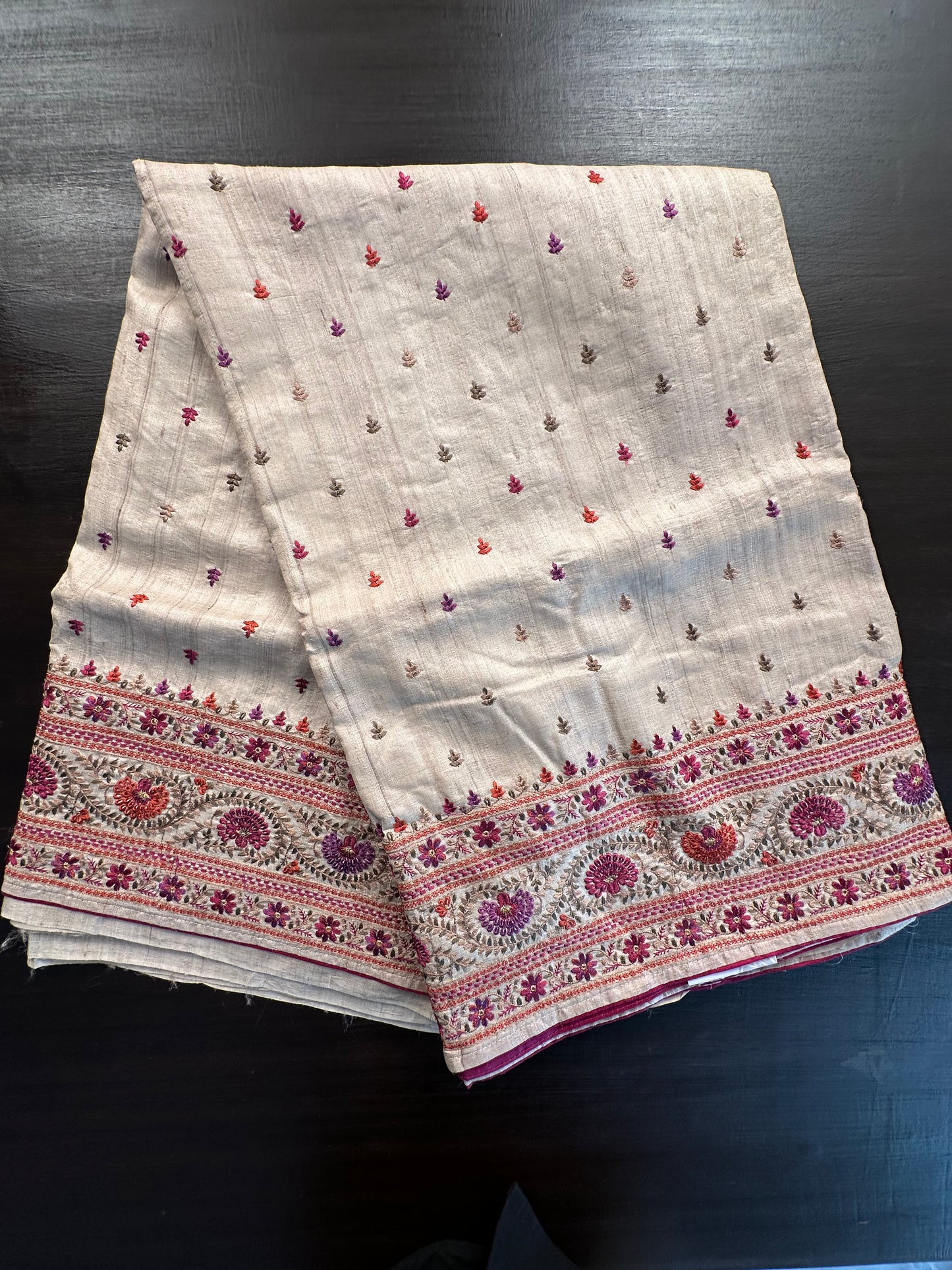 Beige Pure Tussar Silk Saree With Embroidery