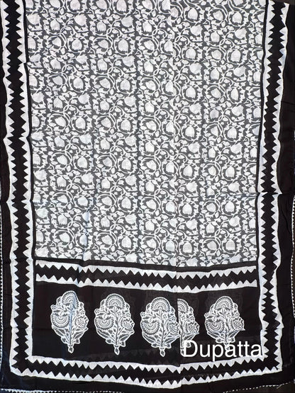 Black Jaipuri Necktie Cotton 3-Piece Suit