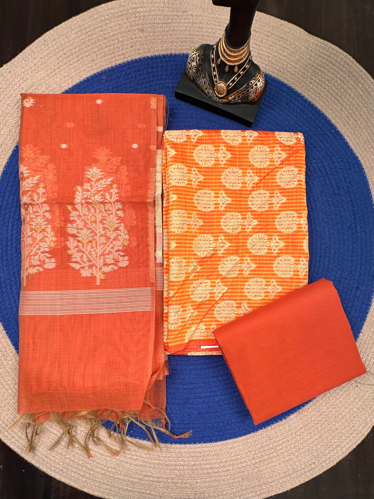 Mustard-Rust Orange Jacquard 3-piece Unstitched Cotton Suit