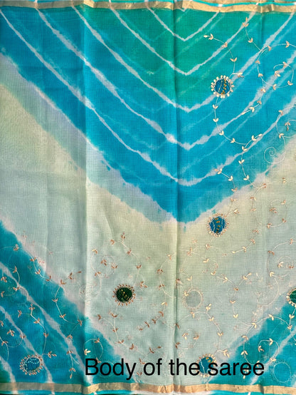 Firozi -Green Kota Doria Pure Silk Saree With Gota Patti Work