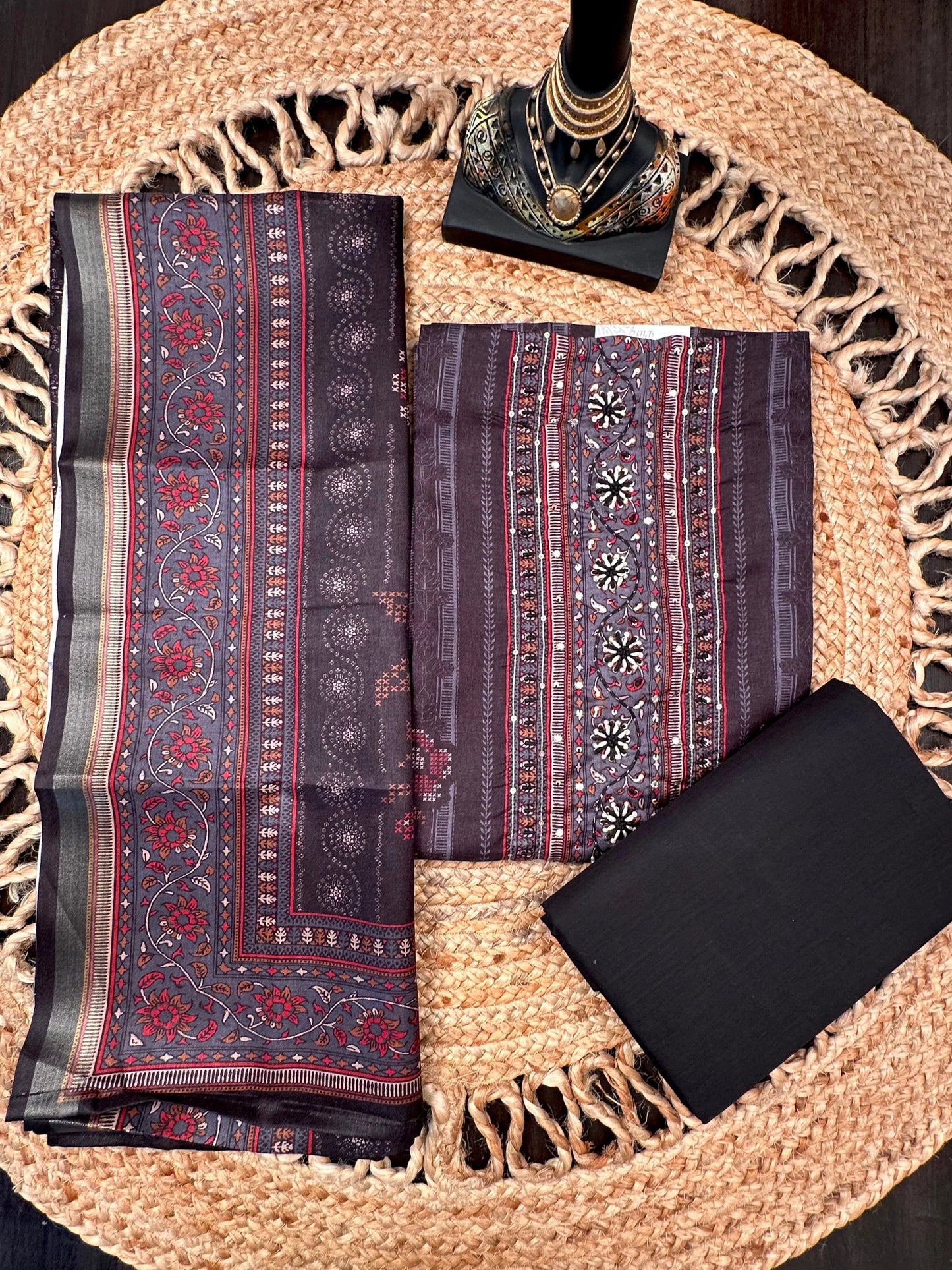 Black Fancy Cotton 3-Piece Suit