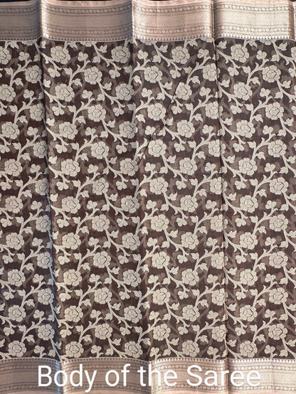 Brown Floral Emboss Chanderi Saree