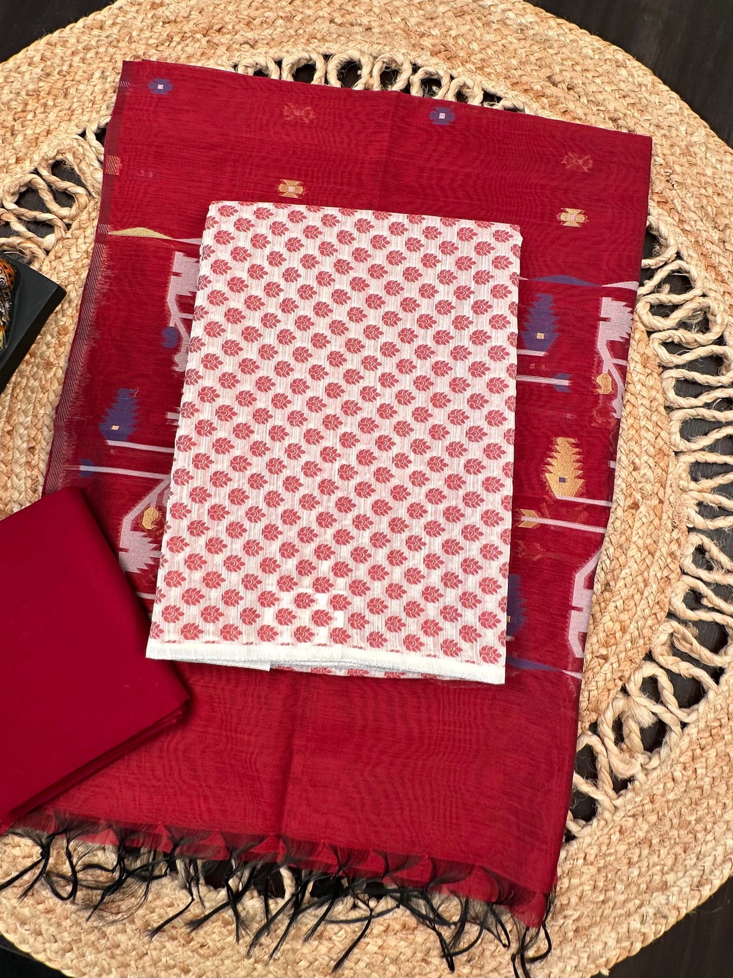Off White-Maroon Jacquard Unstitched Cotton Suit