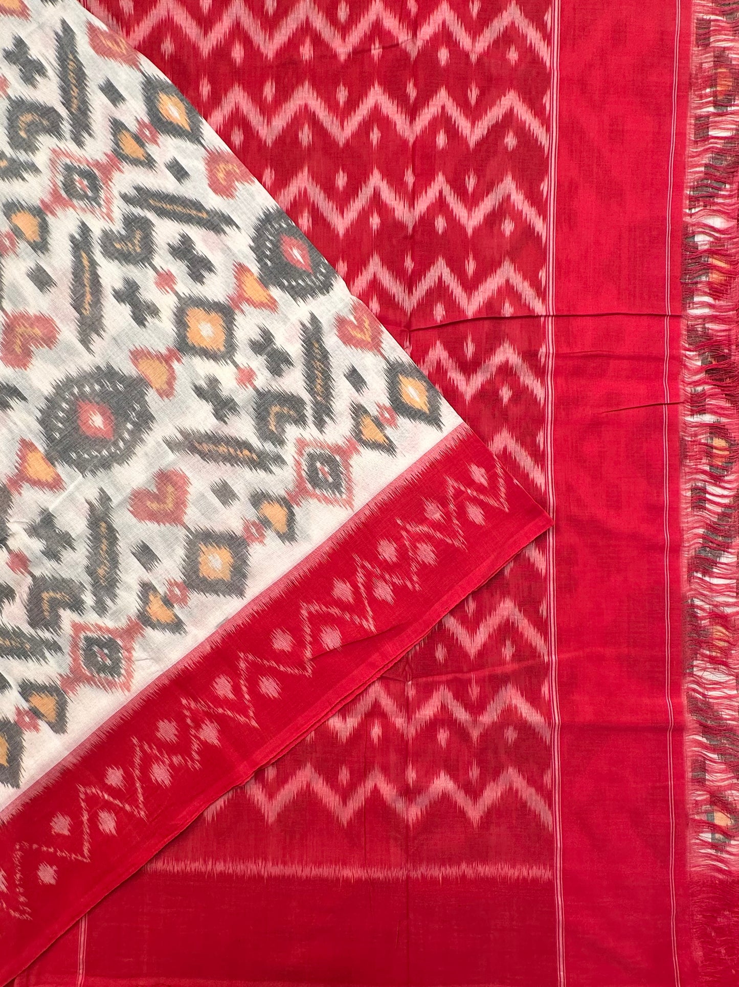 Off White-Red Ikkat Cotton Saree