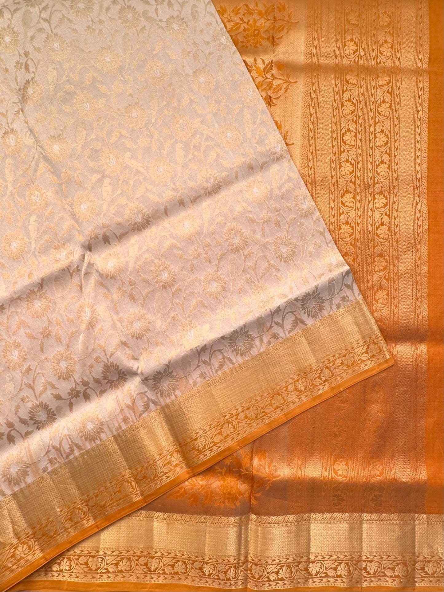 Cream-Mustard Zari Jamawar Pure Silk Saree