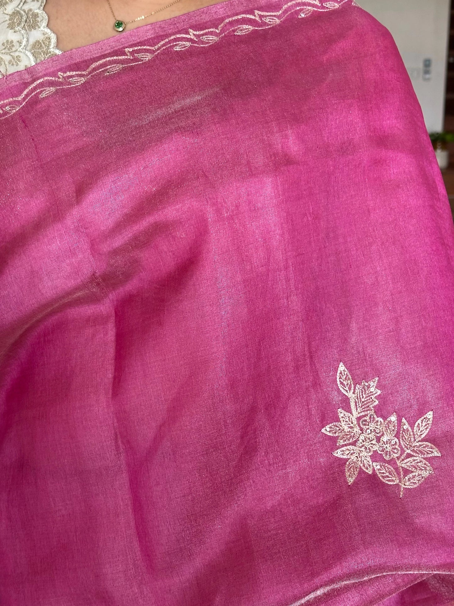 Rani Pink Aari Work Tissue Silk Saree