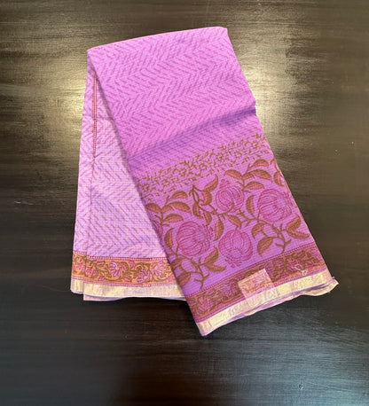 Purple Block Print Kota Doria Cotton Saree