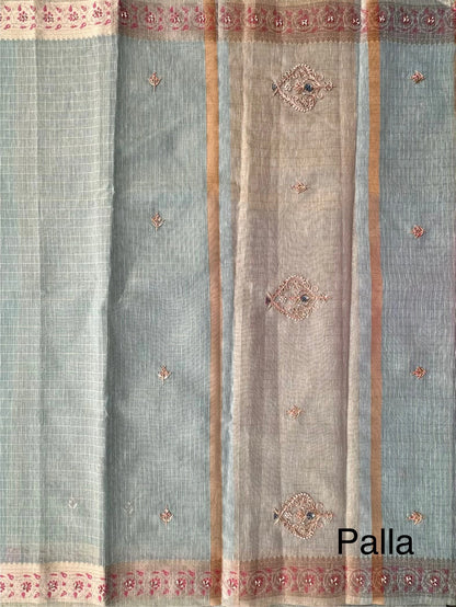 Sea Green Fancy Zari Cotton Saree With Hand Work