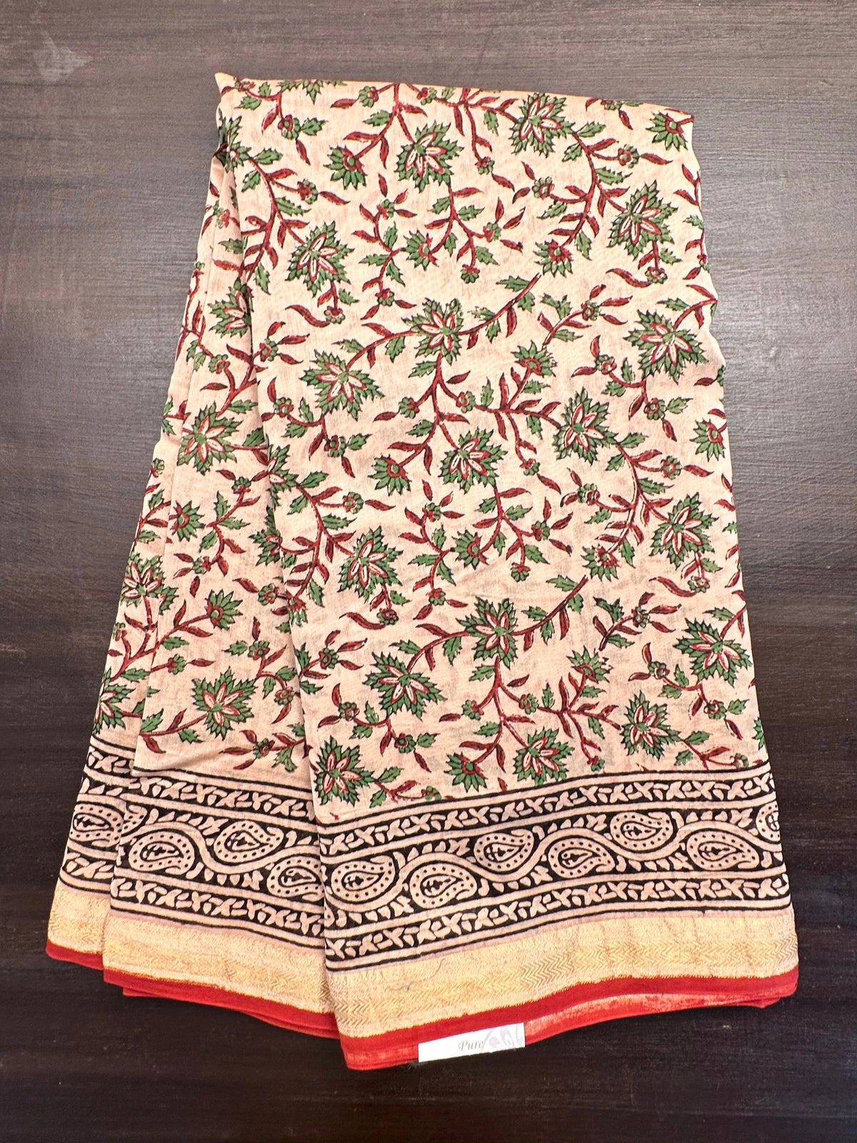 Beige-Maroon Chanderi Saree with Hand Block Print