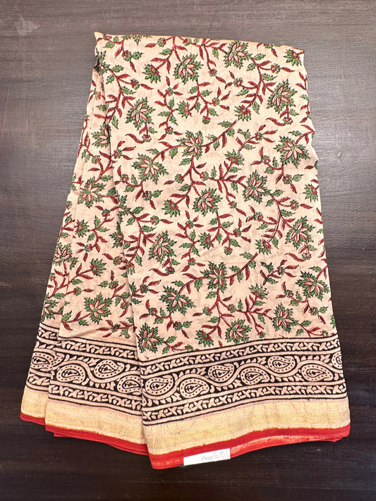 Beige-Maroon Chanderi Saree with Hand Block Print