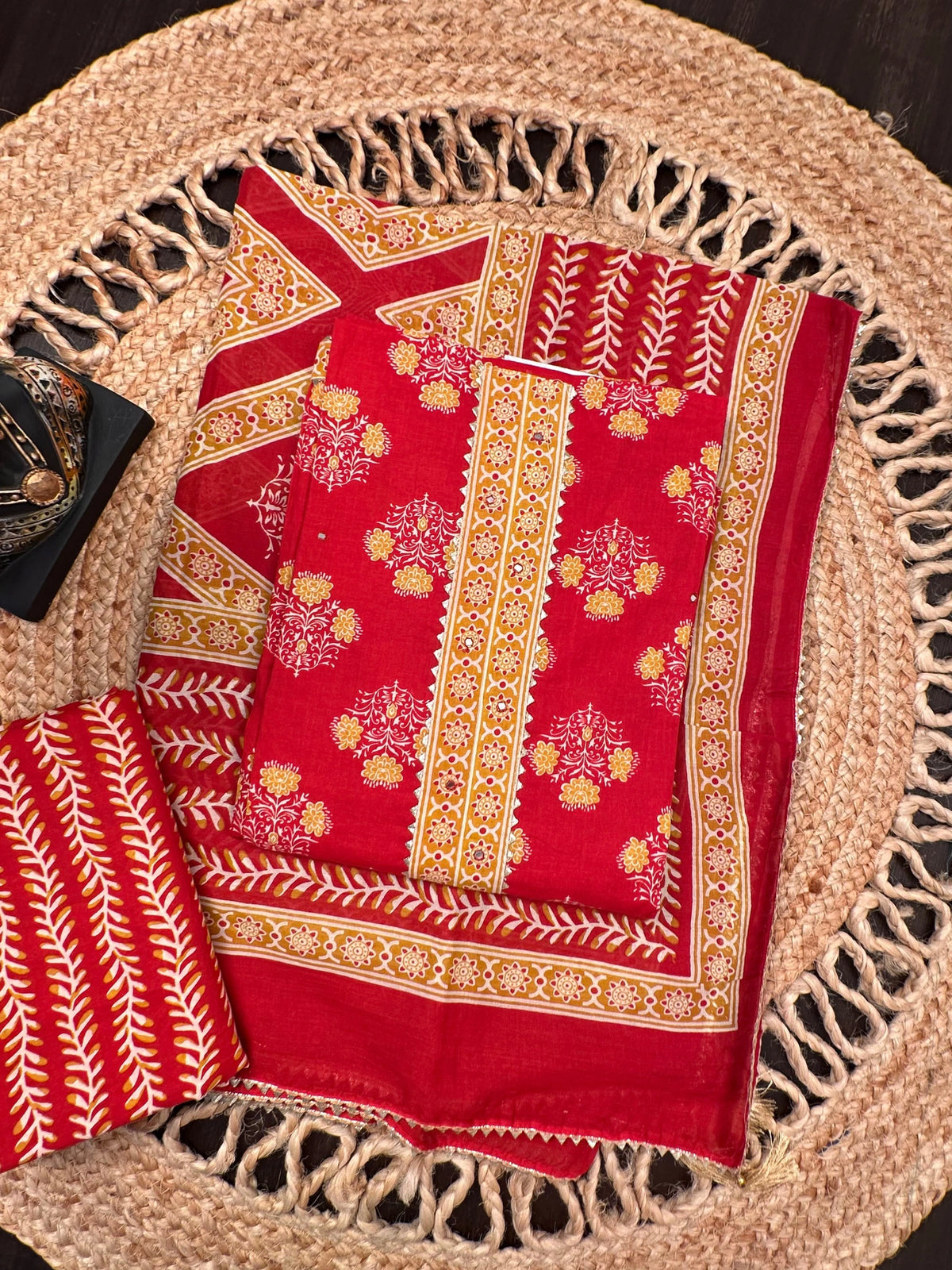 Red Jaipuri Necktie Cotton 3-Piece Suit
