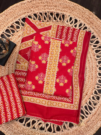 Red Jaipuri Necktie Cotton 3-Piece Suit