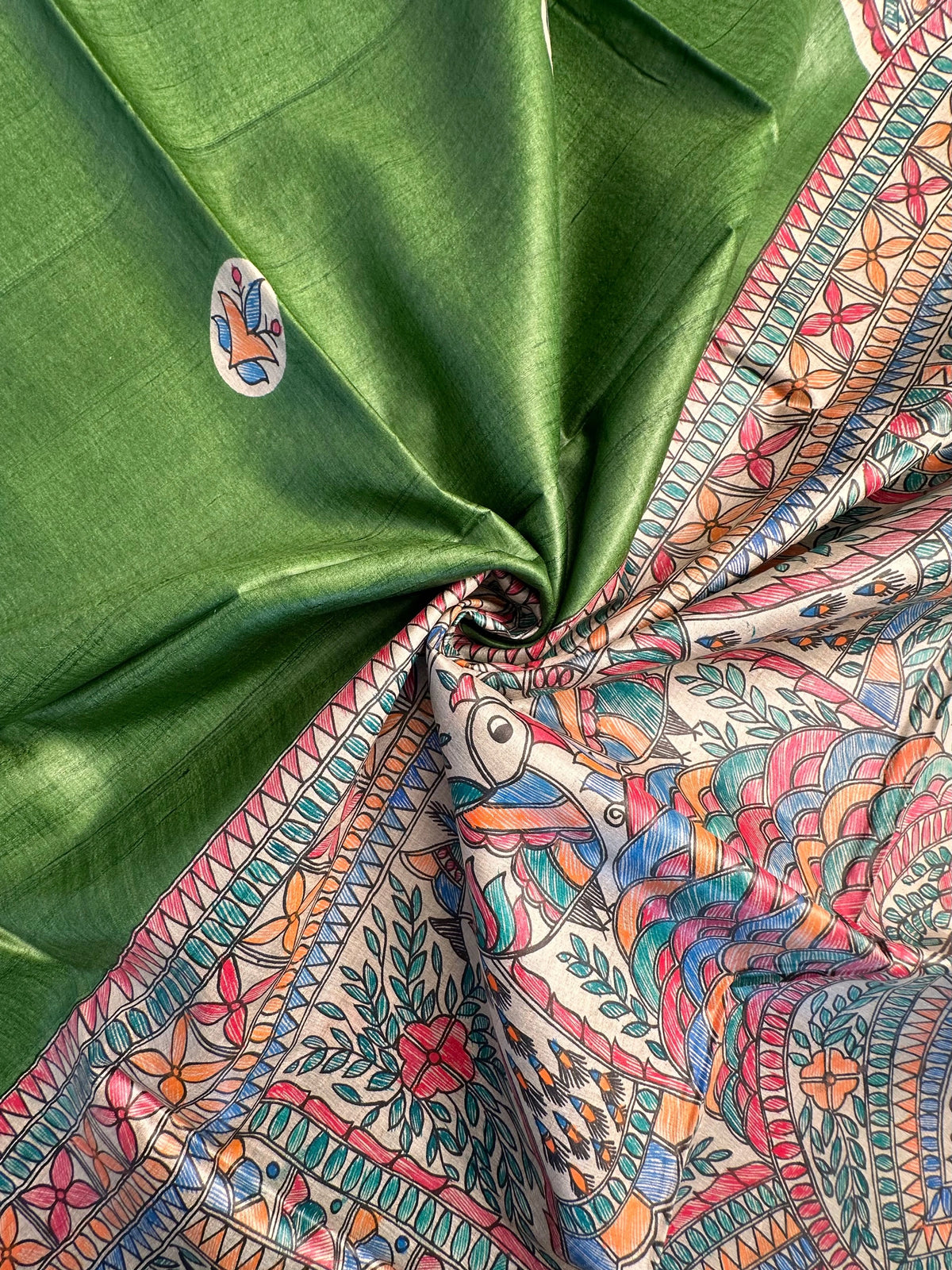 Green Madhubani Art Pure Tussar Silk Saree