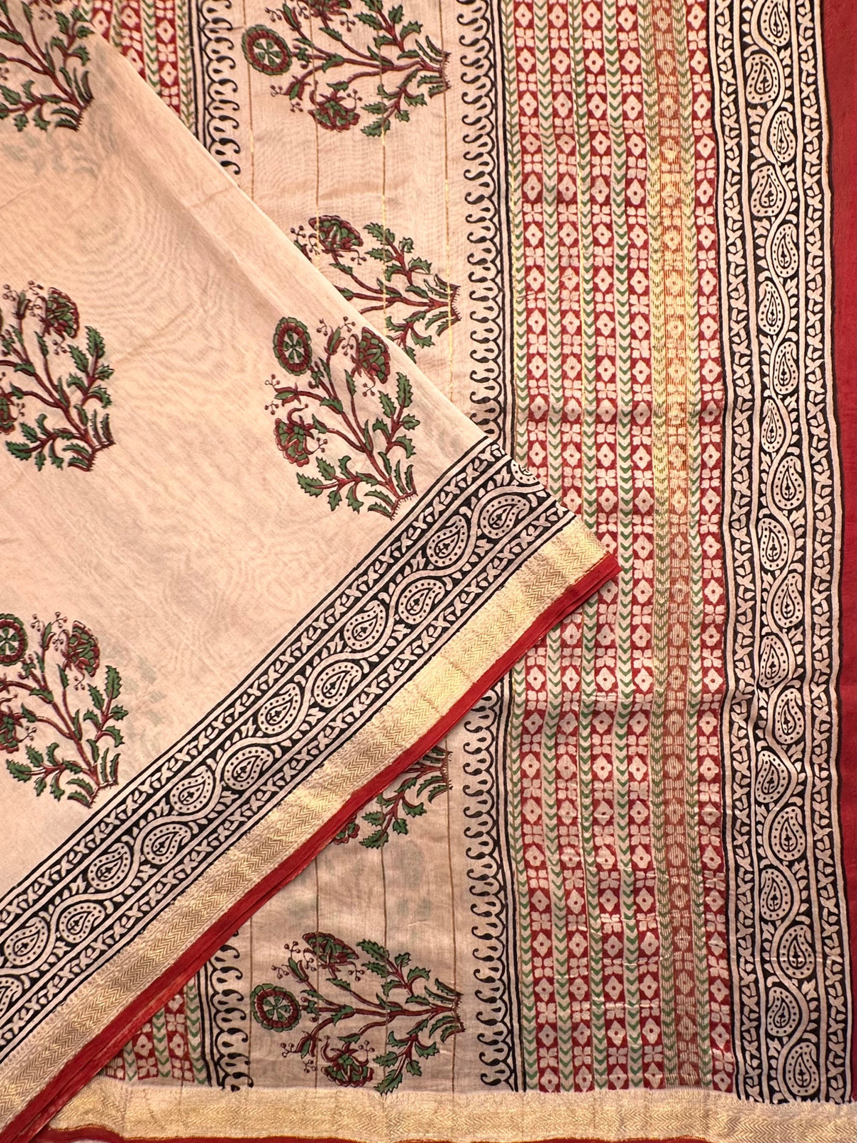Beige Chanderi Saree with Hand Block Print