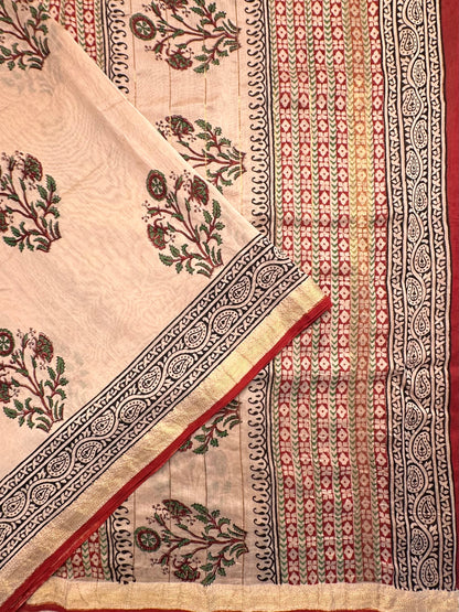 Beige Chanderi Saree with Hand Block Print