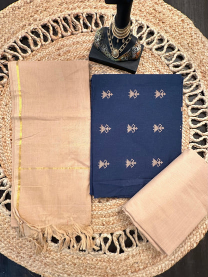 Navy Blue-Beige Warli South Cotton 3-Piece Suit