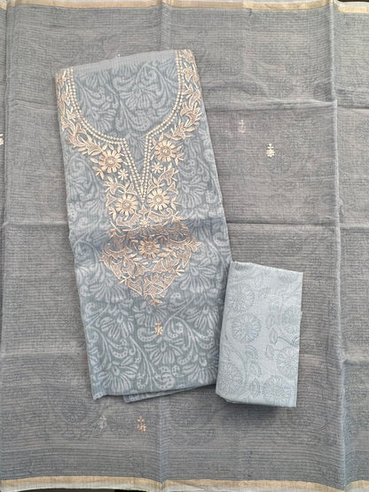 Grey 4-Piece Kota Doria Cotton Unstitched Suit