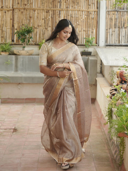Mauve Emboss Pure Tissue Silk Saree
