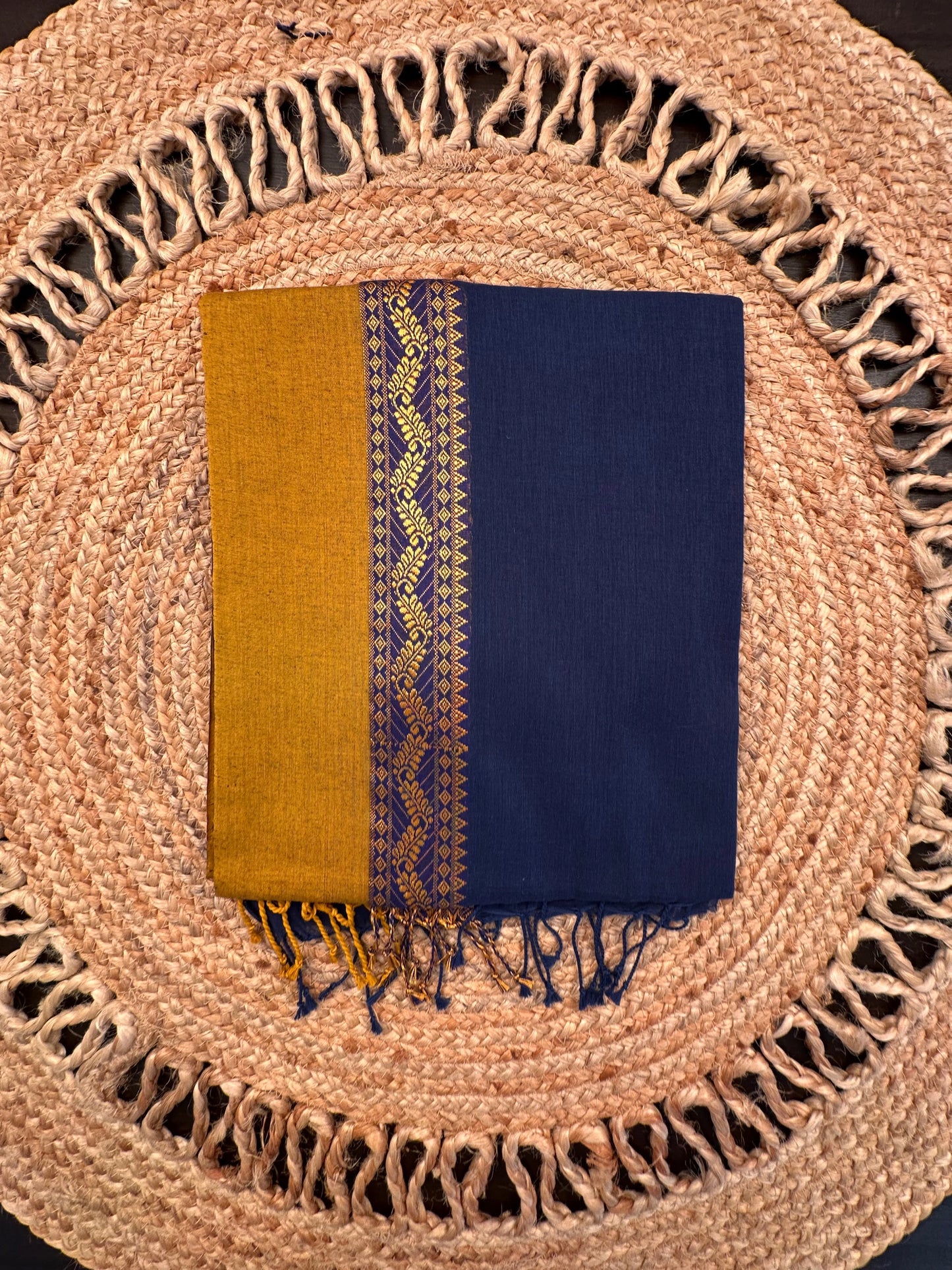 Navy Blue-Mustard Piku Bengal Cotton Saree