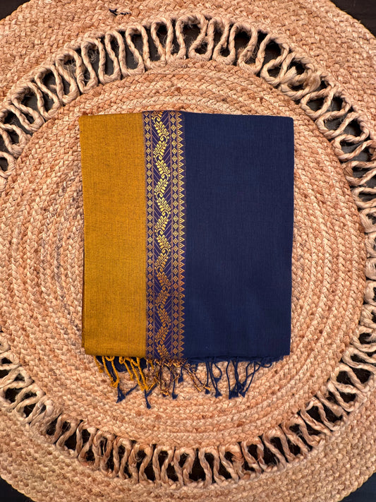 Navy Blue-Mustard Piku Bengal Cotton Saree