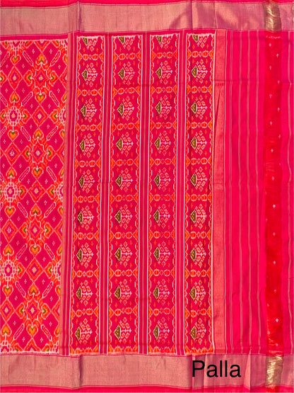 Orange-Rani (Dual Colour) Ikkat Pure Silk Saree