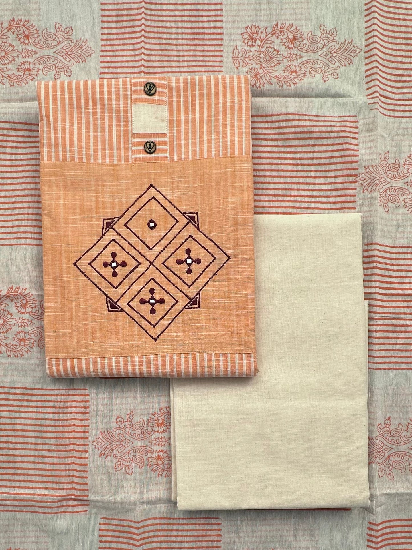 Peach-Off White South Cotton 3-Piece Suit