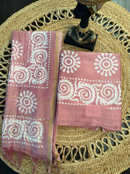 Pink Printed Chanderi 3-Piece Unstitched Suit