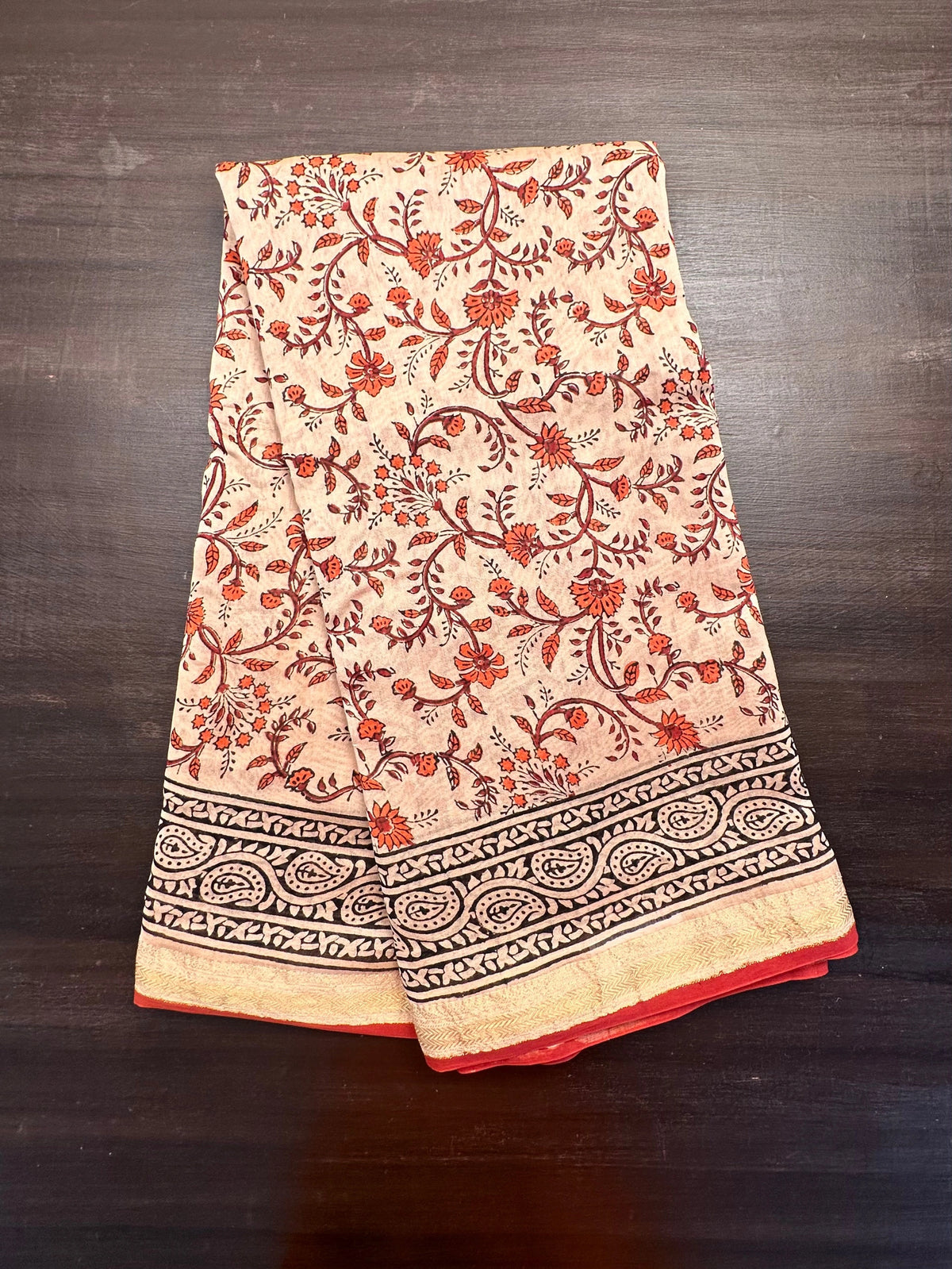 Beige-Red Chanderi Saree with Hand Block Print
